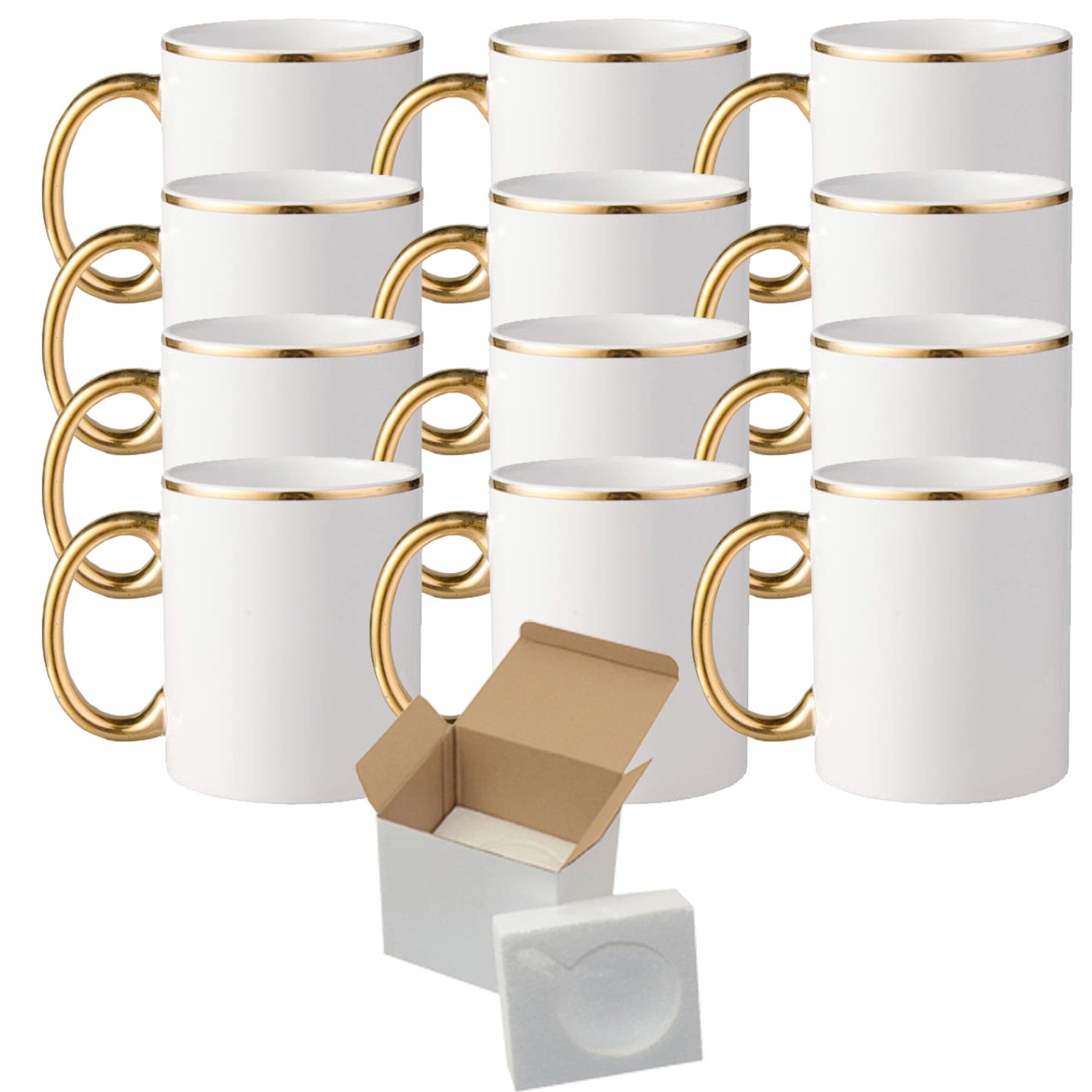 Mugsie | 12 Pcs High-Quality 15oz Sublimation Mugs Featuring Gold Rims and Handles, Including Foam Support Boxes for Safe and Convenient Storage
