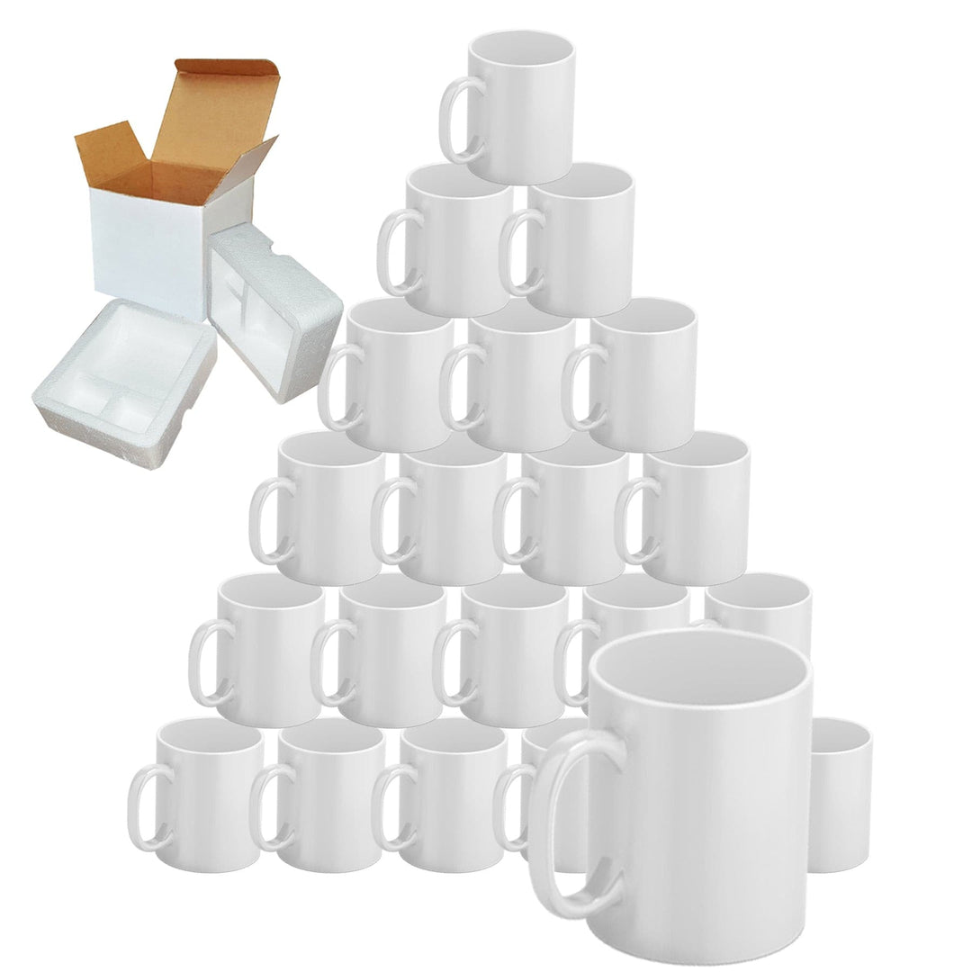 Case of 24 11oz White Sublimation Mugs - Includes Foam Supports and Mug Shipping Boxes.