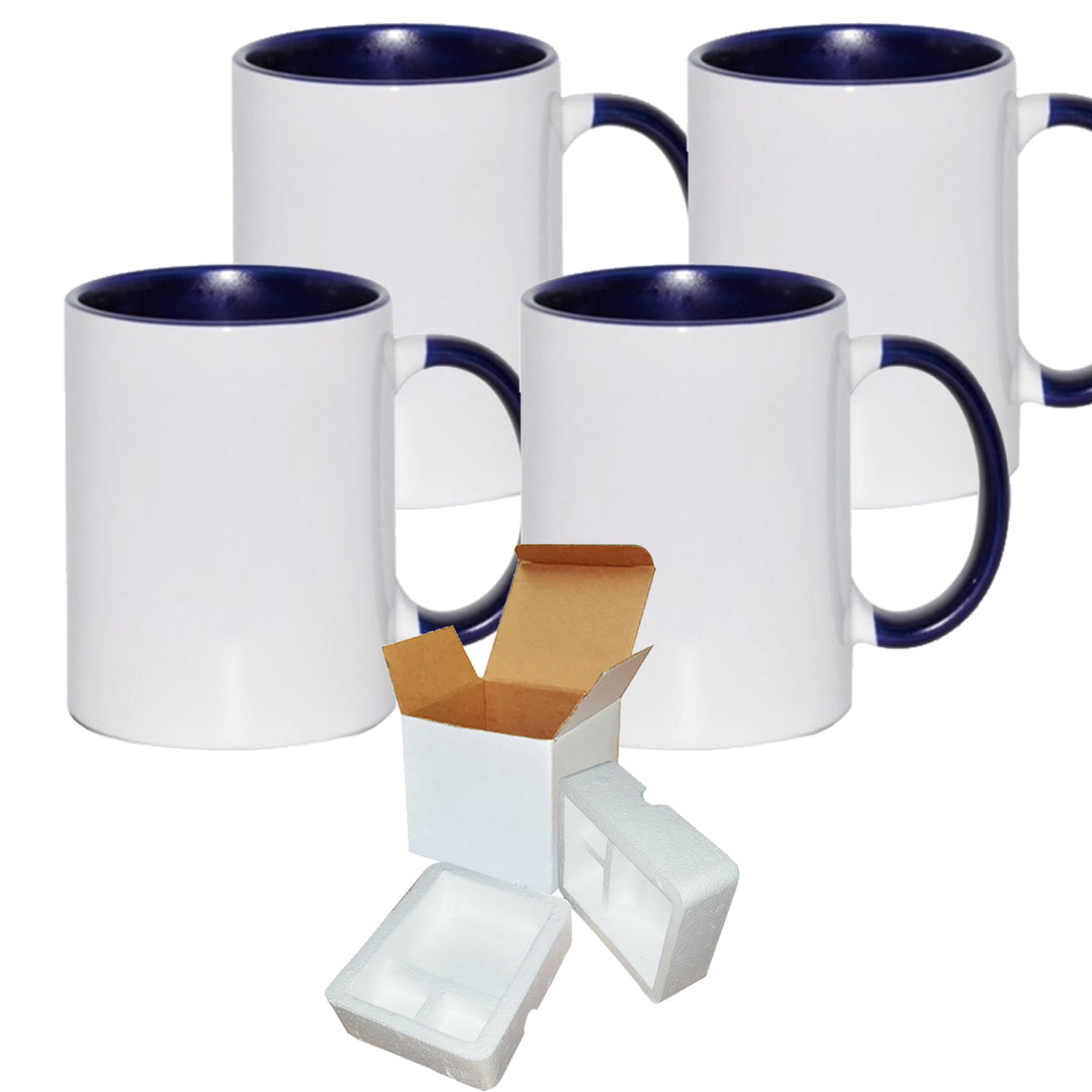 4-Pack 11 oz. Dark Blue Inside & Handle Sublimation Mugs | Includes Foam Support Shipping Boxes.