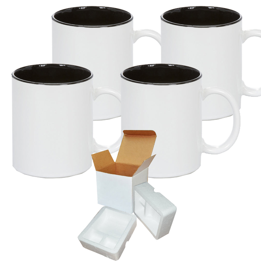 4-Pack of 11 oz. Two-Tone Ceramic Mugs - Black - Includes Foam Support Mug Shipping Boxes.