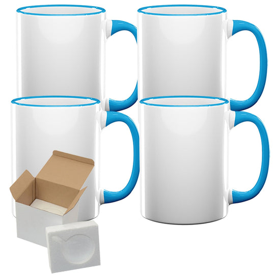 Light Blue Rim Handle Sublimation Mugs - 4 Pack (11oz) with Foam Support Shipping Boxes.