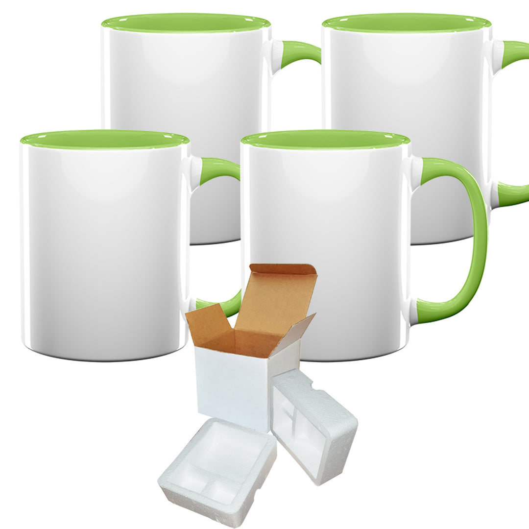 Set of 4 11OZ Light Green Inside & Handle Sublimation Mugs with Foam Support Mug Shipping Boxes.