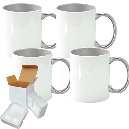 4-Pack 11 oz Silver Inner Handle Sublimation Mugs with Foam Shipping Box.