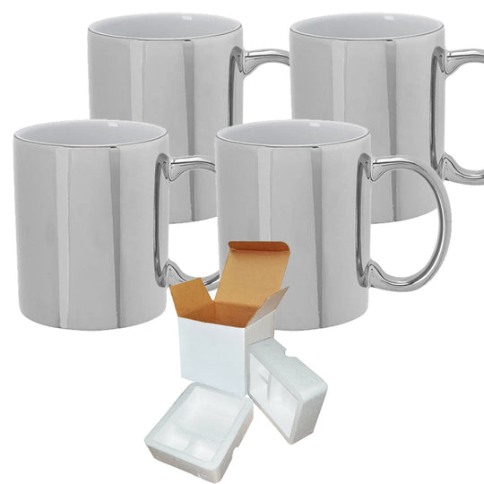 Set of 4 - 11oz Metallic Silver Ceramic Sublimation Mug - Included Foam Support Shipping Boxes.