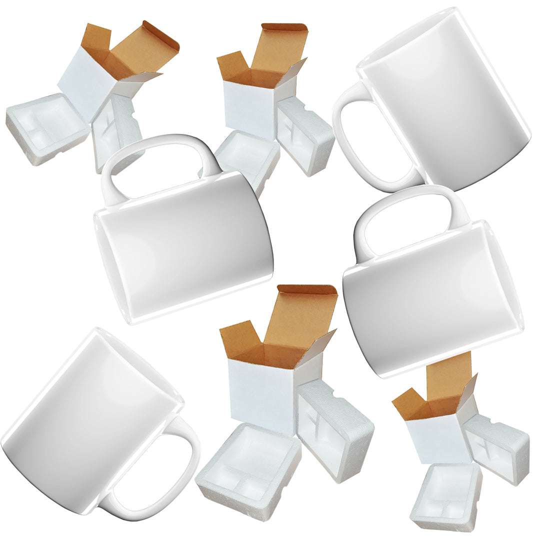 Set of 4 11 oz White Sublimation Mugs - Includes Foam Support and Mug Shipping Boxes.