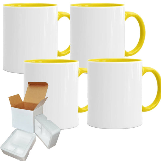 4-Pack 11oz Yellow Inside Handle Sublimation Mugs with Foam Support Shipping Boxes.
