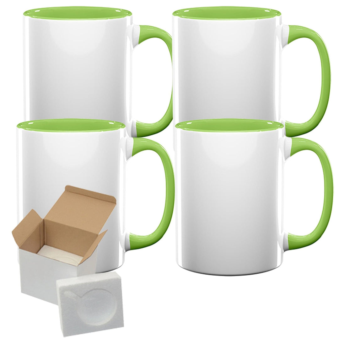 4-Pack 15oz Light Green Inside Handle Sublimation Mugs | Foam Shipping Box Included.