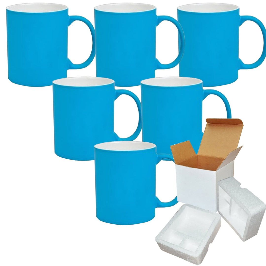 6-Pack 11 oz Blue Fluorescent Neon Sublimation Mugs - Includes Foam Supports and Mug Shipping Boxes.