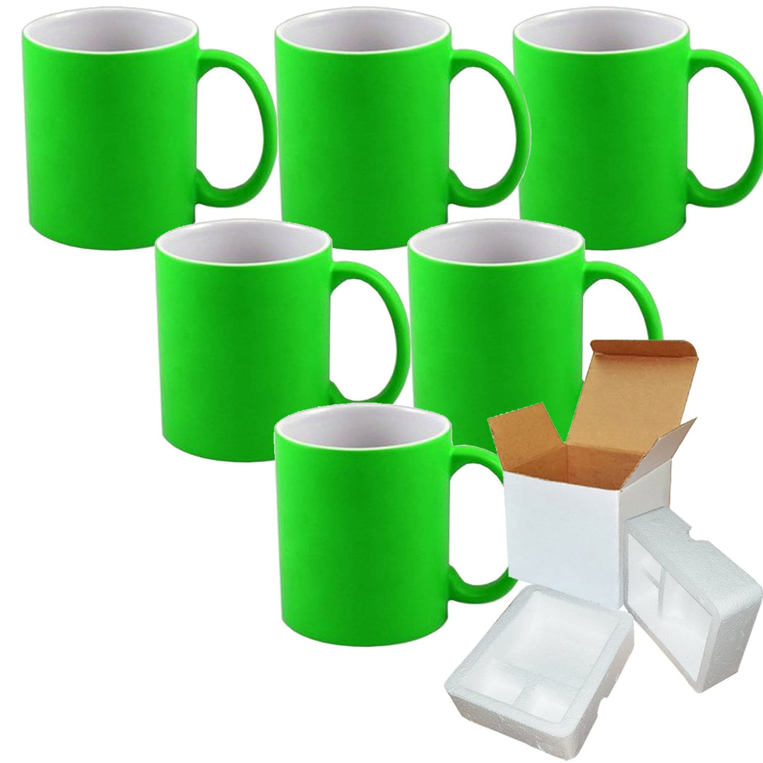 6-Pack of 11oz Green Fluorescent Neon Sublimation Mugs with Foam Support Shipping Boxes.