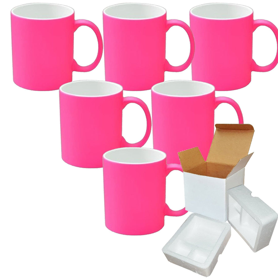 6-Pack of 11oz Pink Fluorescent Neon Sublimation Mugs with Foam Support and  Shipping Boxes