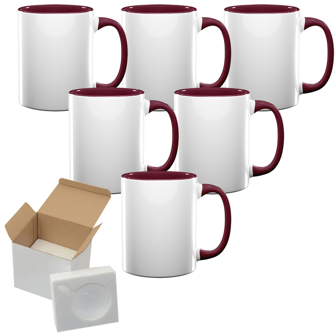 Set of 6 15oz El Grande Dark Red Sublimation Mugs with Foam Support Mug Shipping Boxes".
