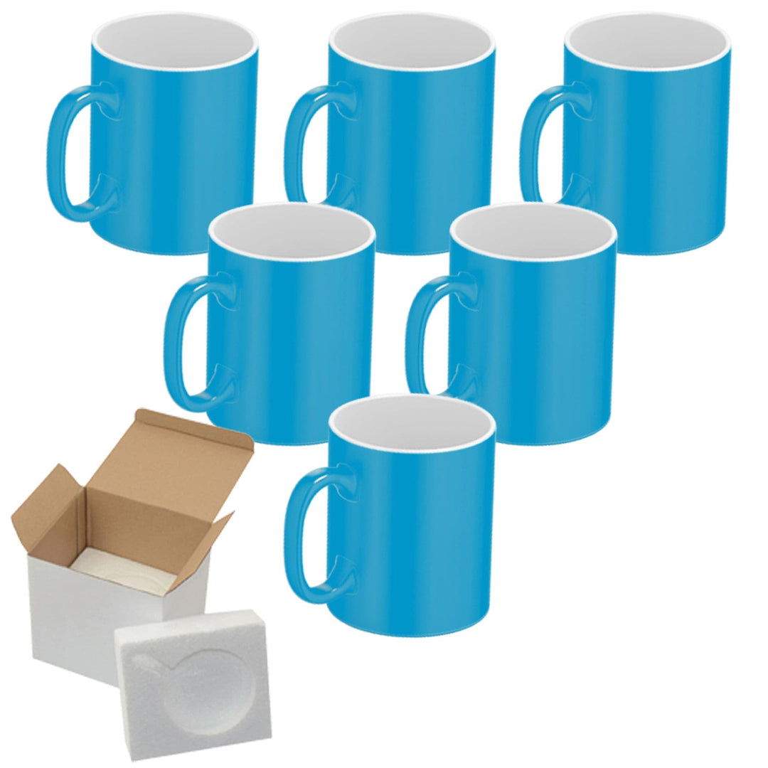 Blue Fluorescent Neon Sublimation Mugs - 6 Pack (15oz) | Foam Support Shipping Boxes Included.