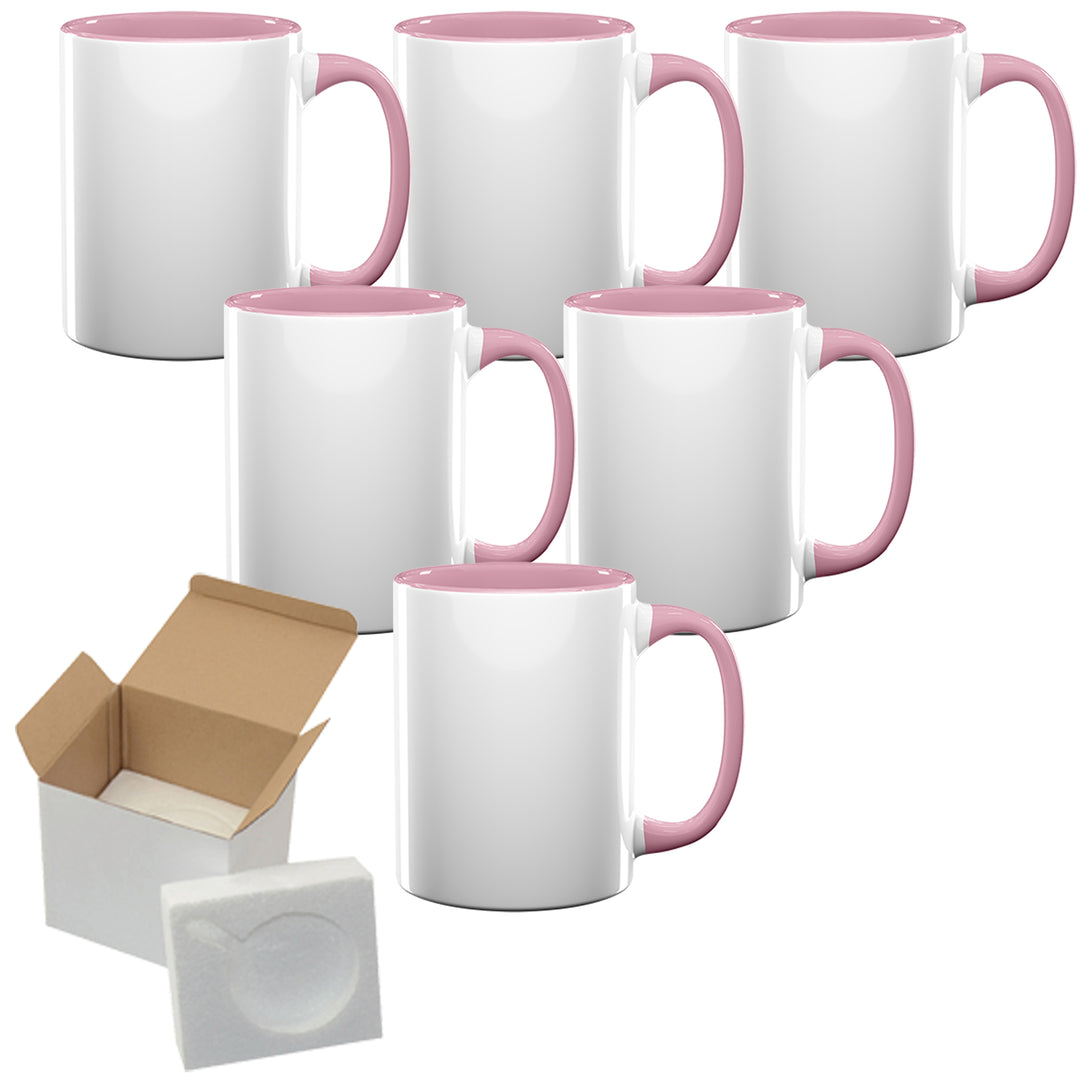 15OZ El Grande Pink Inside & Handle Sublimation Mugs - Set of 6 | Foam Support Mug Shipping Boxes.