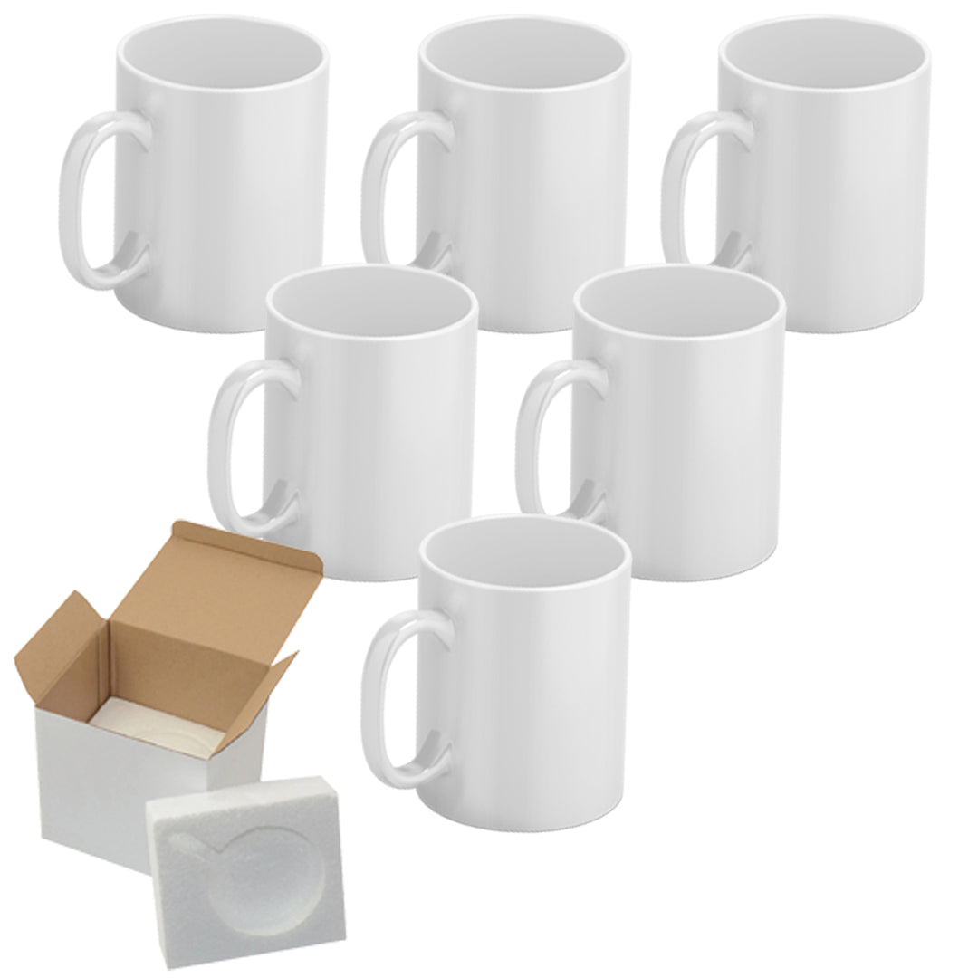 6-Piece Set of 15 oz El Grande White Sublimation Mugs - Includes Foam Support Mug Shipping Boxes.