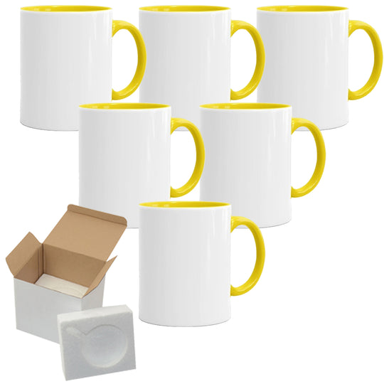 6-Piece Set of 15oz El Grande Yellow Inside & Handle Sublimation Mugs with Foam Support and Shipping Boxes.