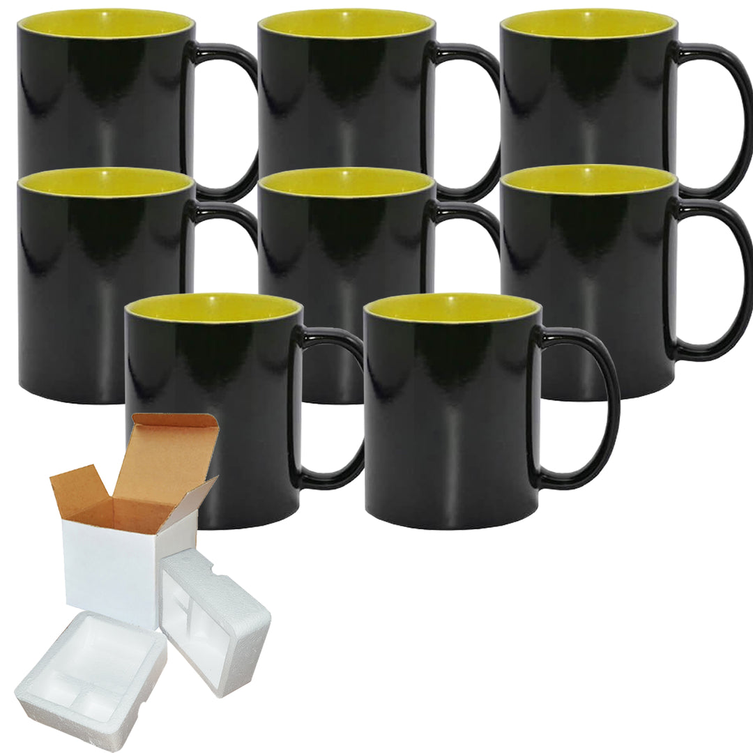 8-Pack Sublimation Color Changing Mug Set (11oz) with Yellow Interior | Heat Sensitive Mugs | Included Foam Support Mug Shipping Boxes.