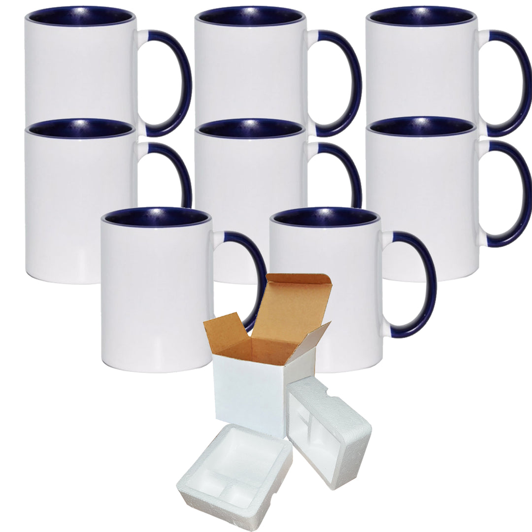 8-Piece Set of Dark Blue Sublimation Mugs with Foam Mug Shipping Boxes - 11oz.