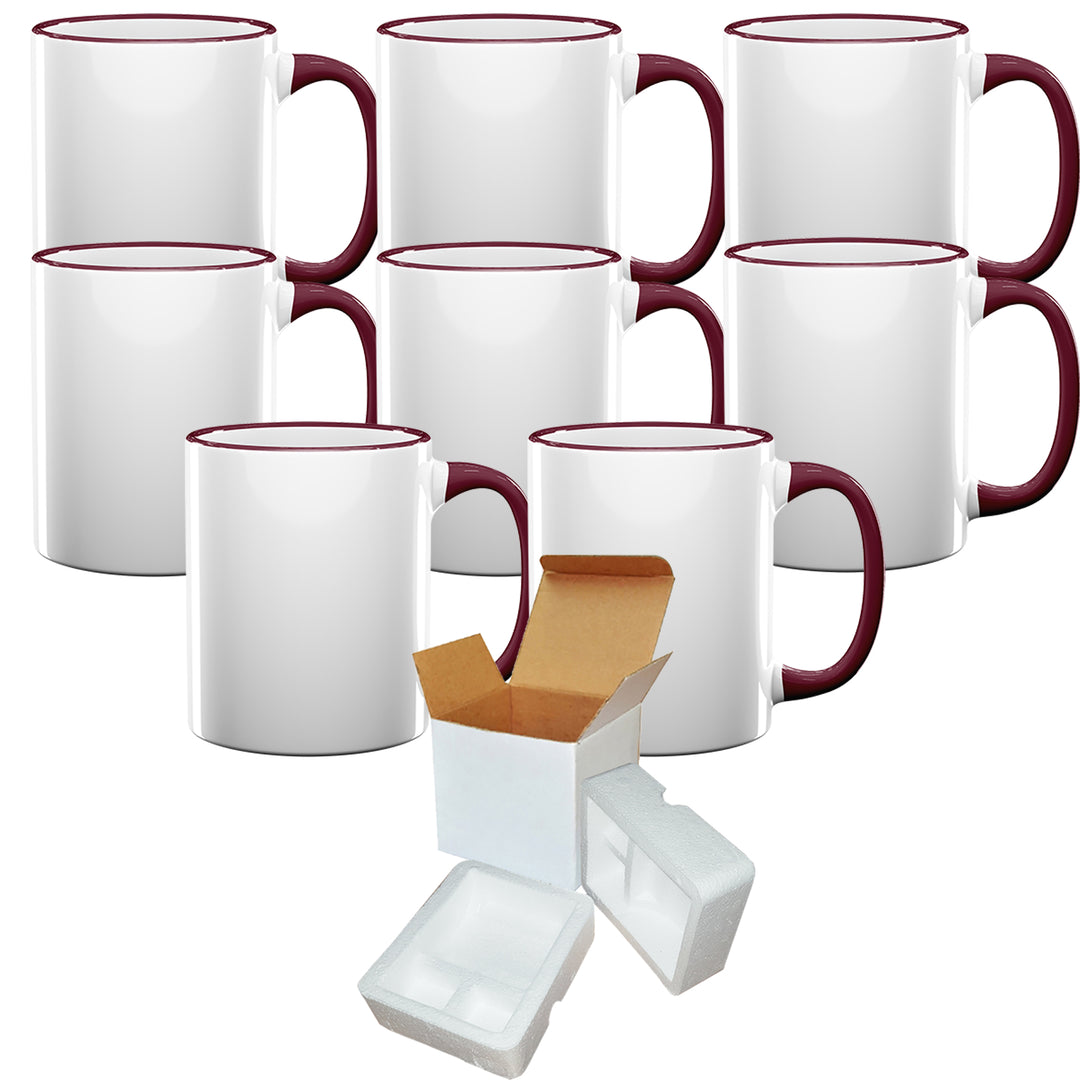 8-Piece Set of 11oz Dark Red Rim & Handle Sublimation Mugs with Foam Support Shipping Boxes | Premium Quality.