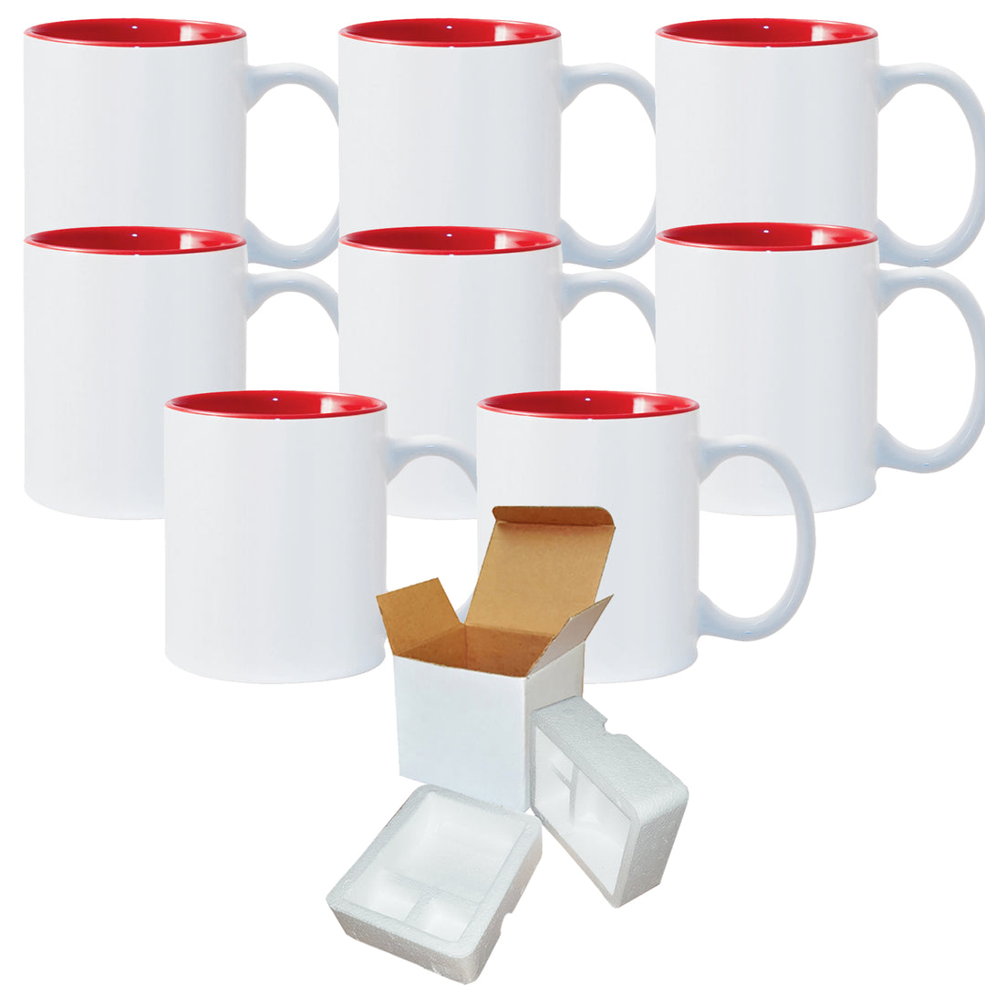 8 PACK 11 oz. Red Two-Tone Sublimation Ceramic Mugs - Includes Foam Support Mug Shipping Boxes.