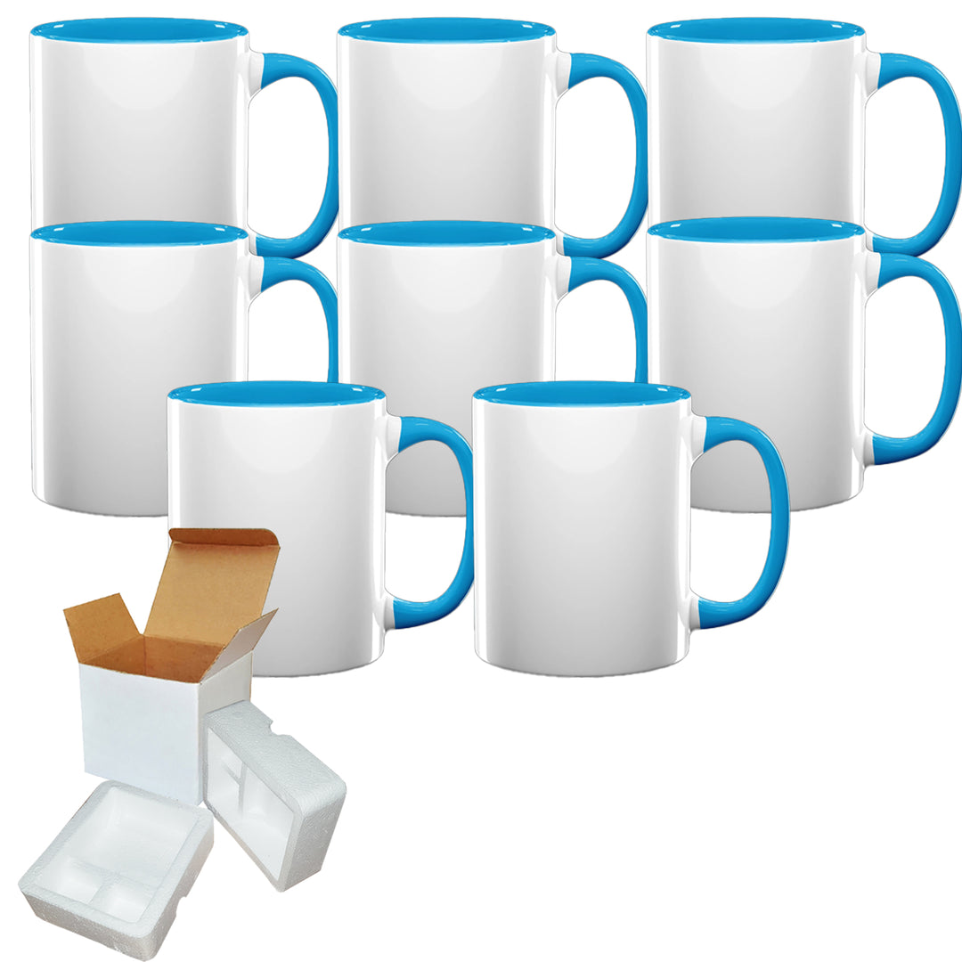8-Pack of 11 oz Light Blue Inner & Handle Sublimation Mugs - With Foam Support Mug Shipping Boxes.