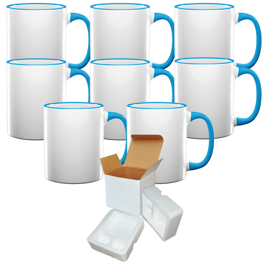 Set of 8 Sublimation Mugs with Light Blue Rim & Handle, 11oz, Complete with Foam Support and Shipping Boxes.