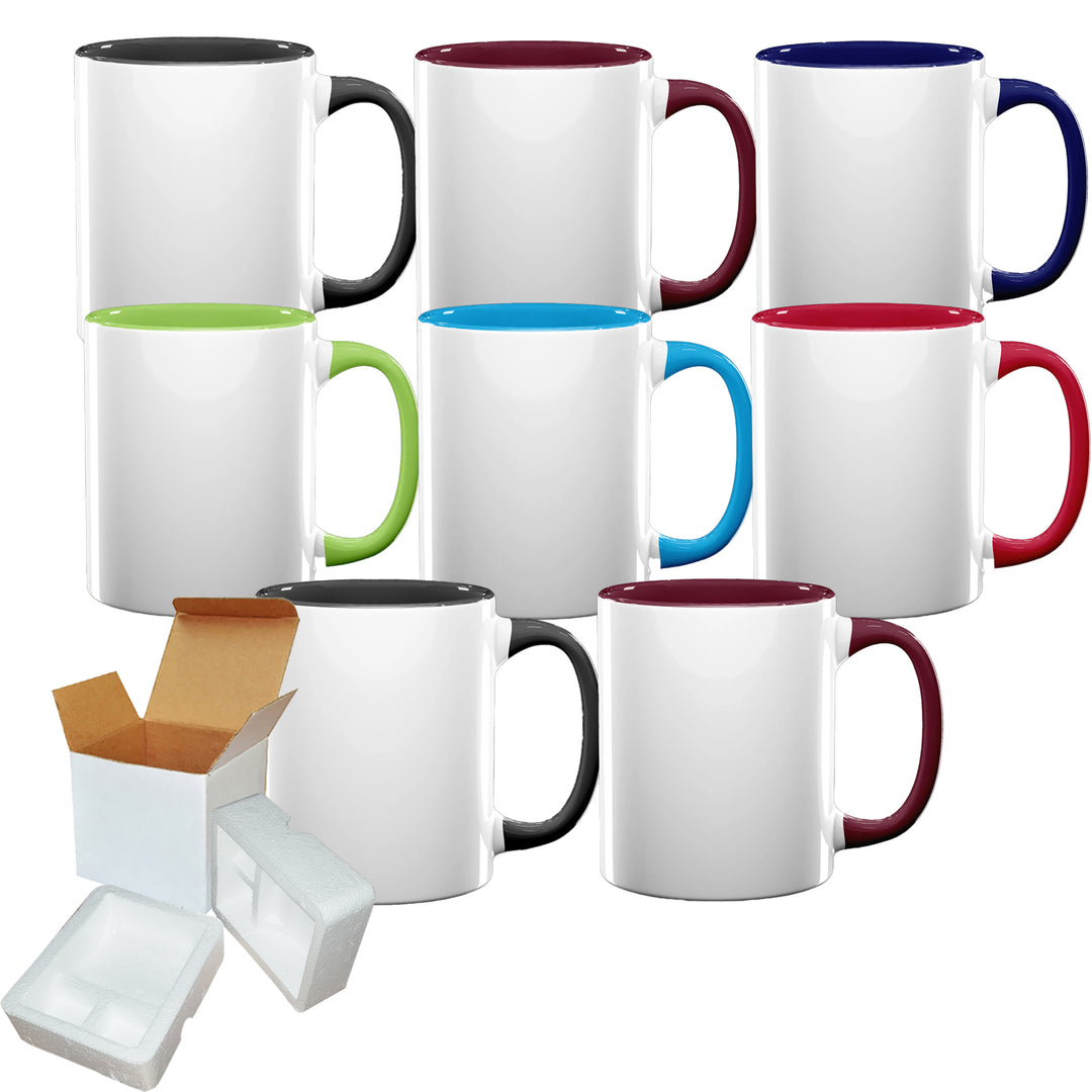 Set of 8 Sublimation Mugs with Mixed Color Inner & Handle (11 oz) - Includes Foam Support Mug Shipping Boxes.