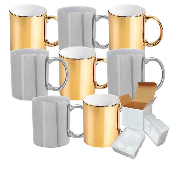 Gold-Silver Metallic Sublimation Mugs - 8 Pack (11oz) | Mixed Metallic Pack | Foam Mug Shipping Box Included.