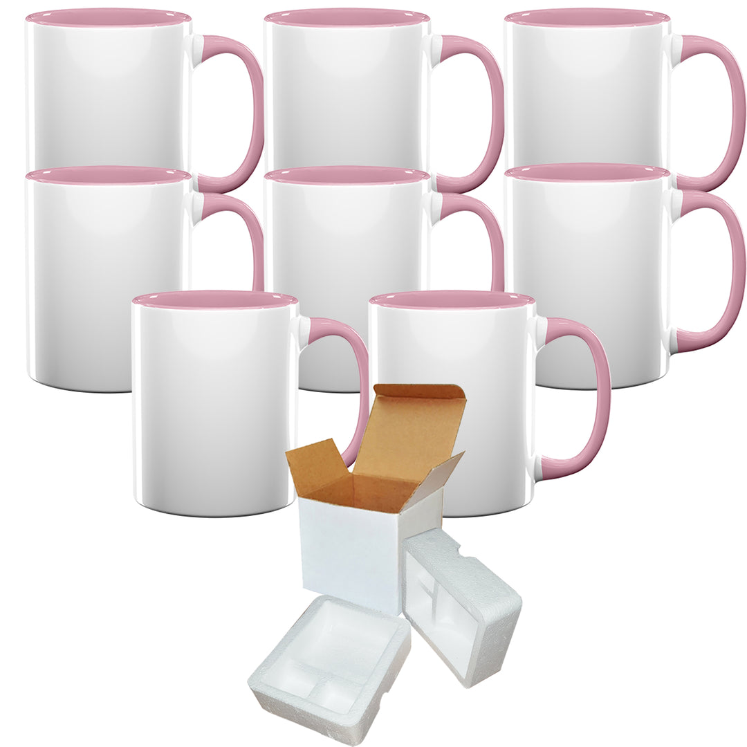 Set of 8 11oz Pink Inner & Handle Sublimation Mugs with Foam Support Mug Shipping Boxes.