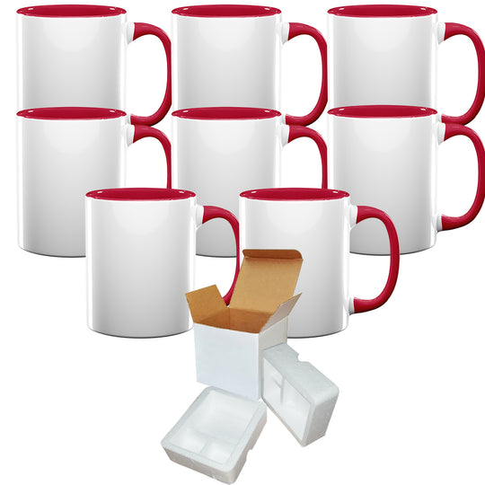 Set of 8 11oz Red Inner & Handle Sublimation Mugs with Foam Support Mug Shipping Boxes.