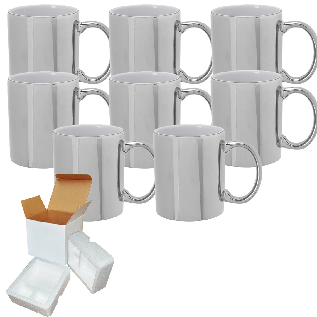 8-Pack 11 oz Metallic Silver Sublimation Mugs with Foam Shipping Box.