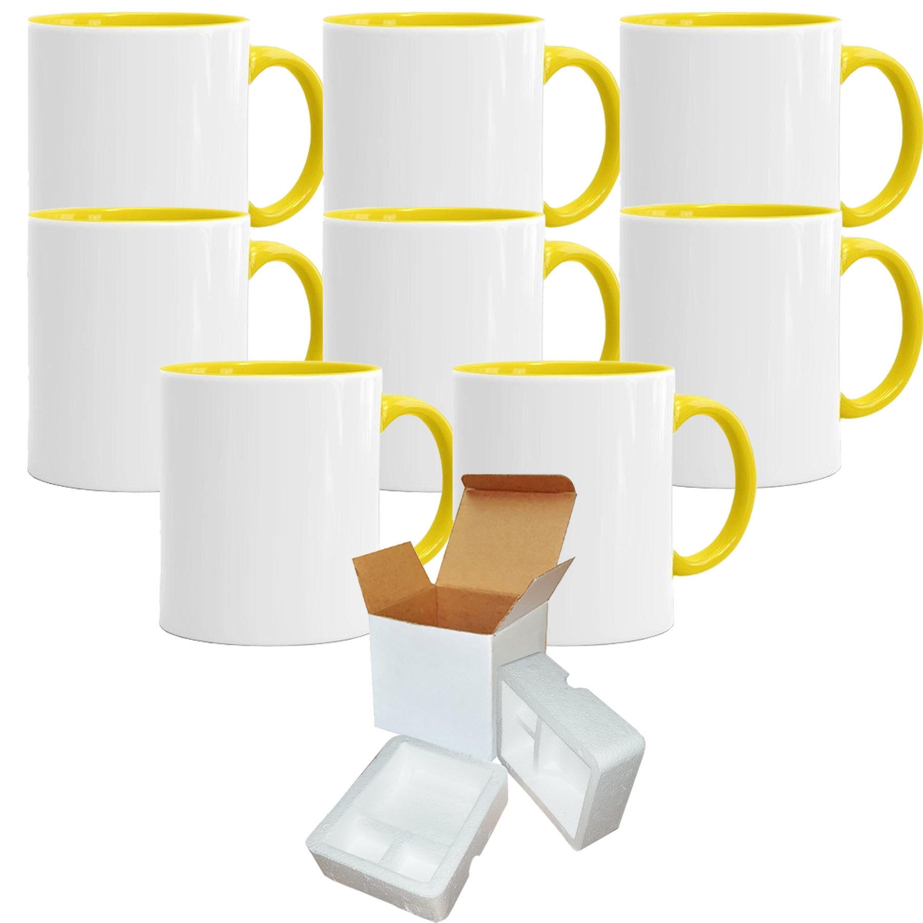 8-Piece 11oz Yellow Inner & Handle Sublimation Mugs, Includes Shipping  Boxes