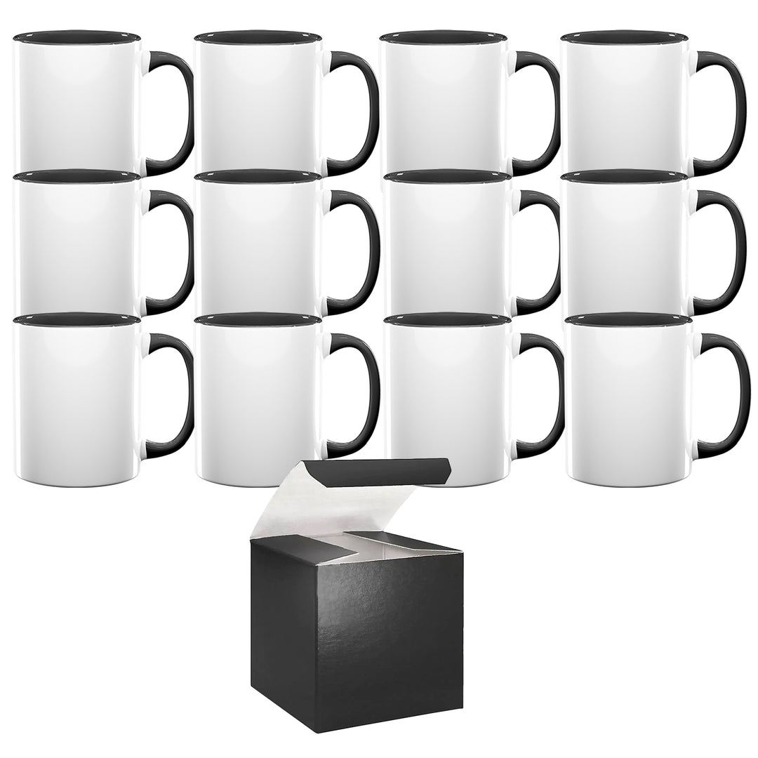 12-Pack 11oz Black Inner & Handle Sublimation Mugs with Individual Black Boxes.