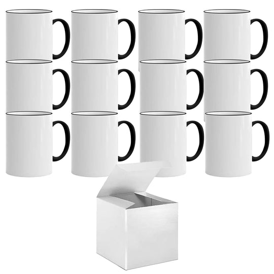 Set of 12 Black Rim & Handle Sublimation Mugs (11 oz) with Individual White Boxes.