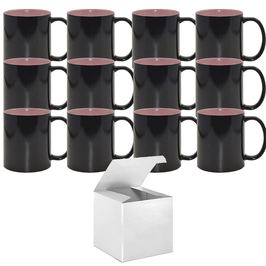 12 Pack of 11oz Color Changing Mugs - Pink Inner - Professional Grade Sublimation Mug with Individual White Gift Boxes.