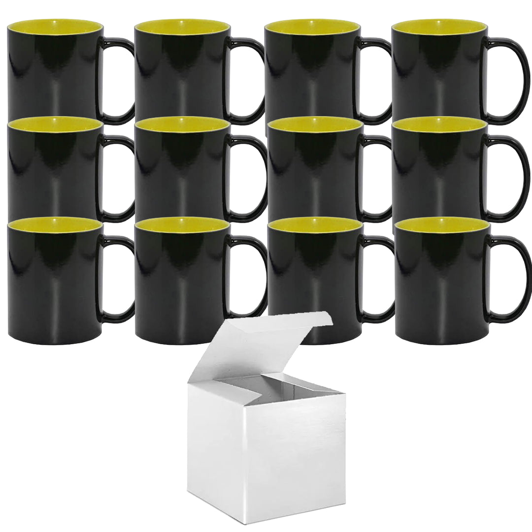 12-Pack 11oz Yellow Inner/Handle Color Changing Mugs - Professional Grade Sublimation Mug with Included White Gift Boxes.