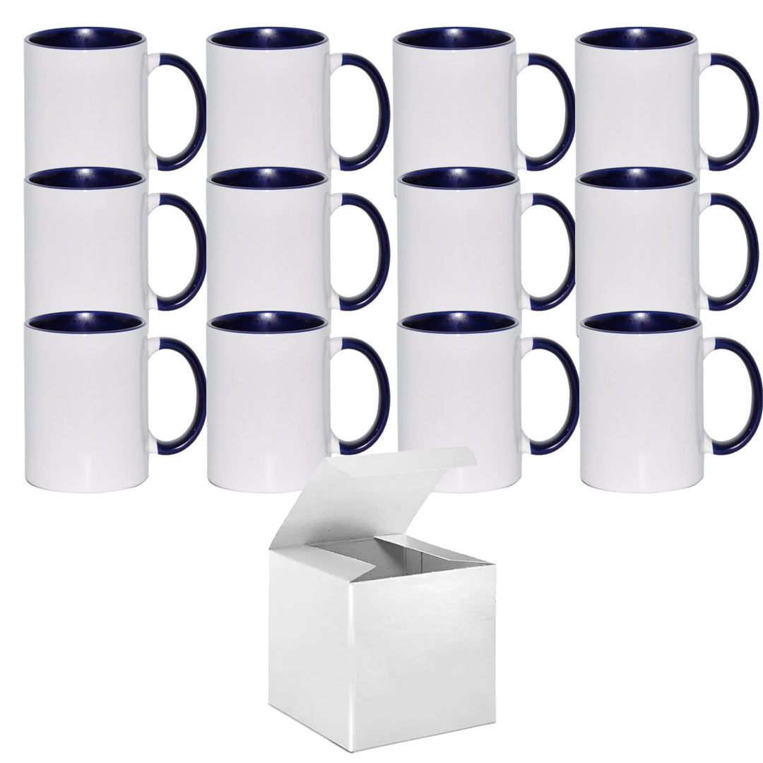 12 Pcs 11OZ Dark Blue Inner & Handle Sublimation Mugs | Included White Gift Boxes.