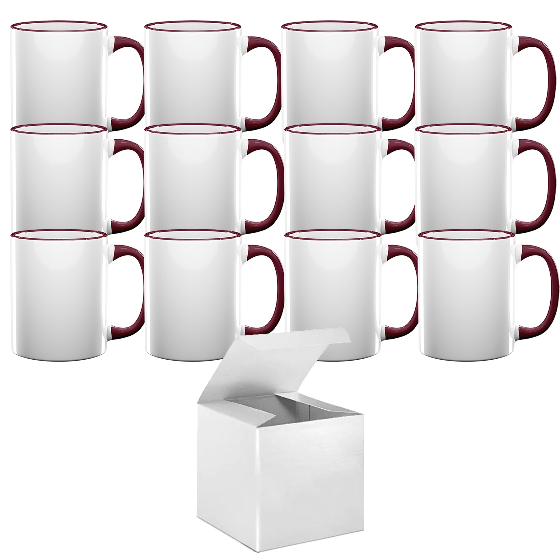 Mugsie | 12 Pcs 11oz Dark Red Rim & Handle Sublimation Mugs with Individual White Boxes