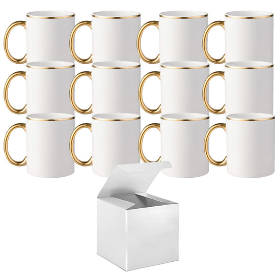 12-Pack of 11oz Gold Rim & Handle Sublimation Mugs | Includes White Gift Boxes.