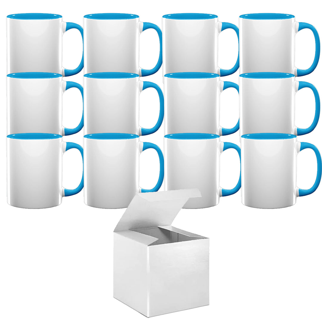 12 Pcs 11 oz Light Blue Sublimation Mugs - Matching Inner and Handle - With White Gift Boxes.