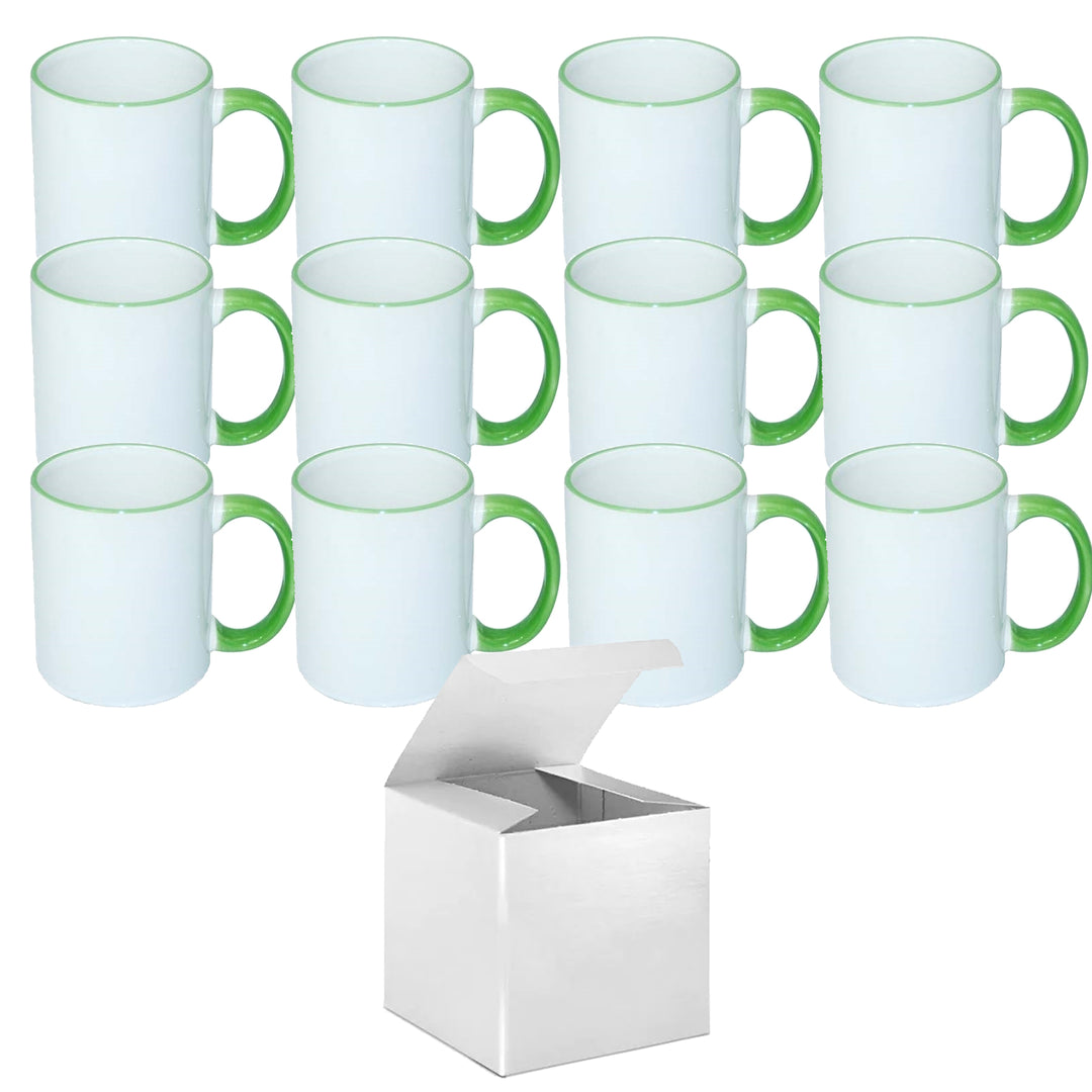12-Pack of 11oz Light Green Rim & Handle Sublimation Mugs with Individual White Gift Boxes.