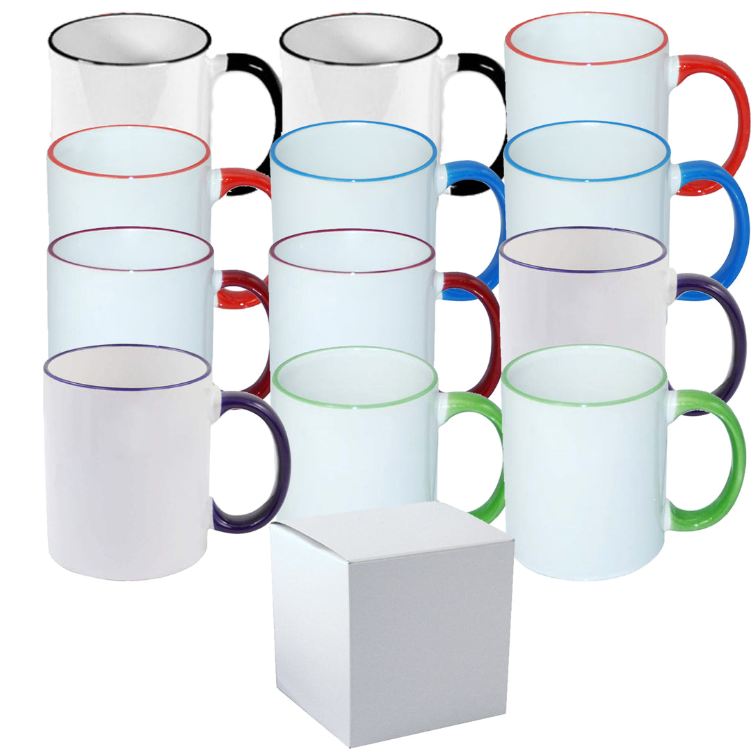 11 oz. Sublimation Mugs - Mixed Color Rim & Handle - 8-Pack with Shipping Boxes.
