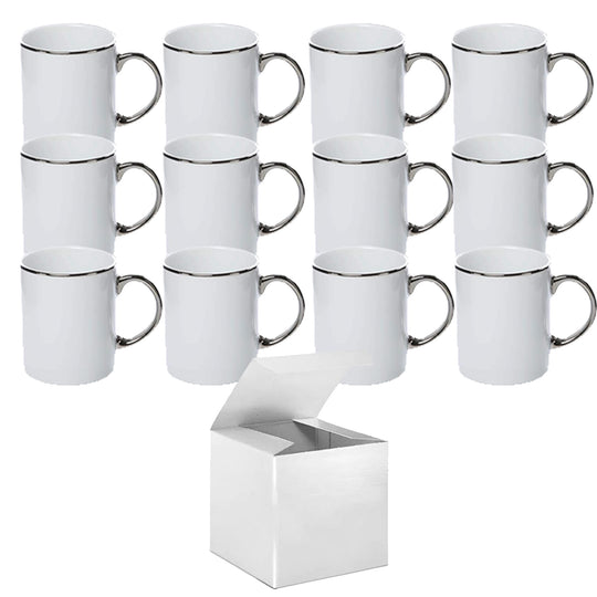 12-Pack of 11 oz. Silver Rim & Handle Ceramic Sublimation Mugs - Includes White Gift Boxes.