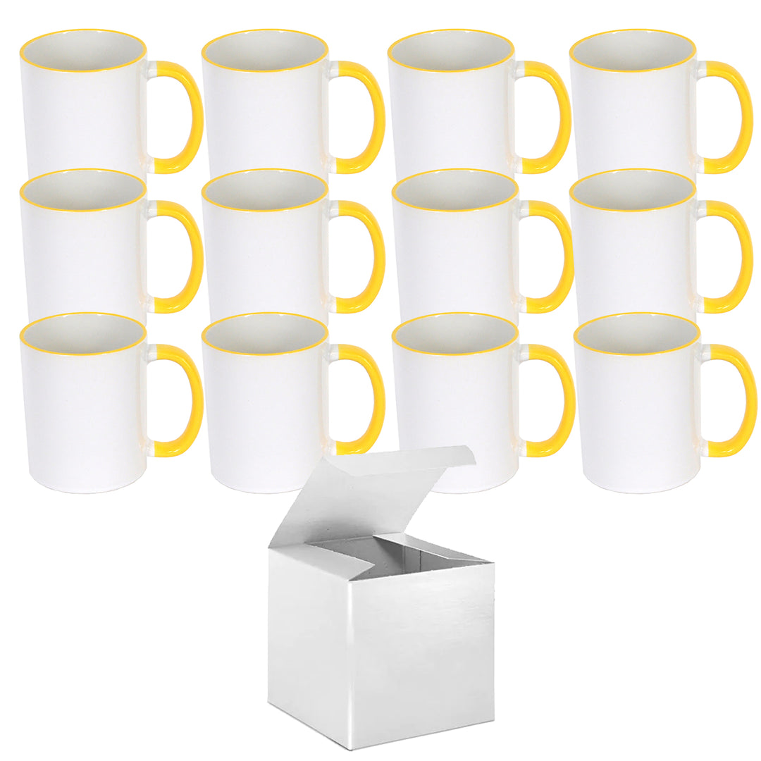12-Piece Set of Yellow Rim & Handle Sublimation Mugs - Includes Mug Gift Boxes.