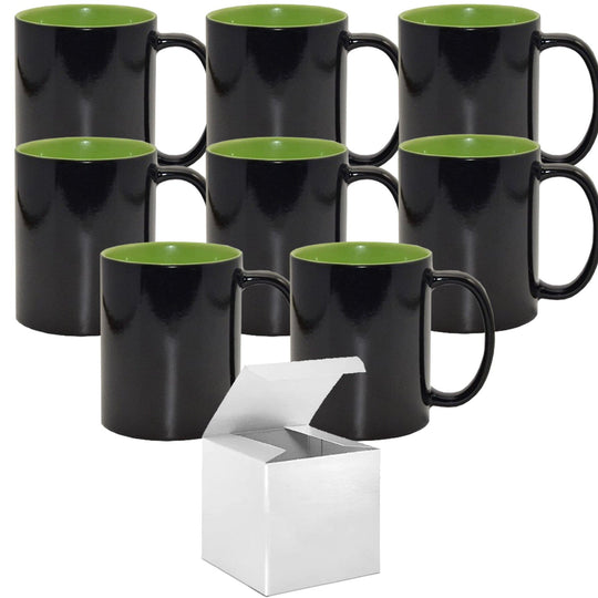 Sublimation Color Changing Mug Set - 8 Pack (15oz) | Green Interior | Heat Sensitive Mugs | Individually Packaged | Glossy White Boxes.