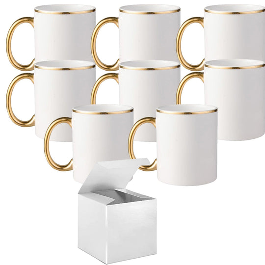 Set of 8: 15oz Gold Rim and Handle Sublimation Mugs with Foam Support Mug Shipping Boxes.
