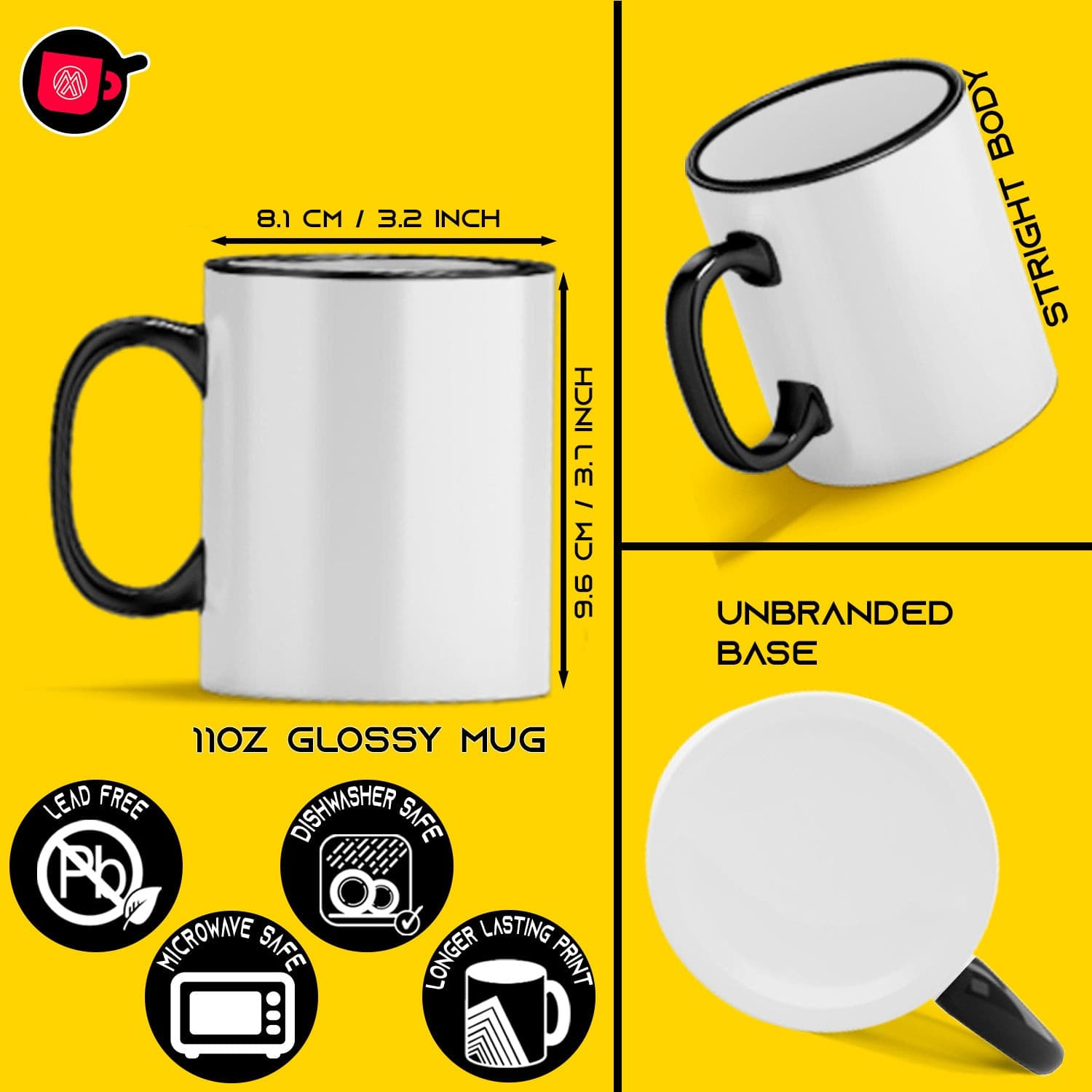 Mugsie | Case of 12 Pcs 11oz Sublimation Blank All White and Black with Black Handle-Case Mugs with Gift Mug Box. Mugs - Cardboard Box with Foam