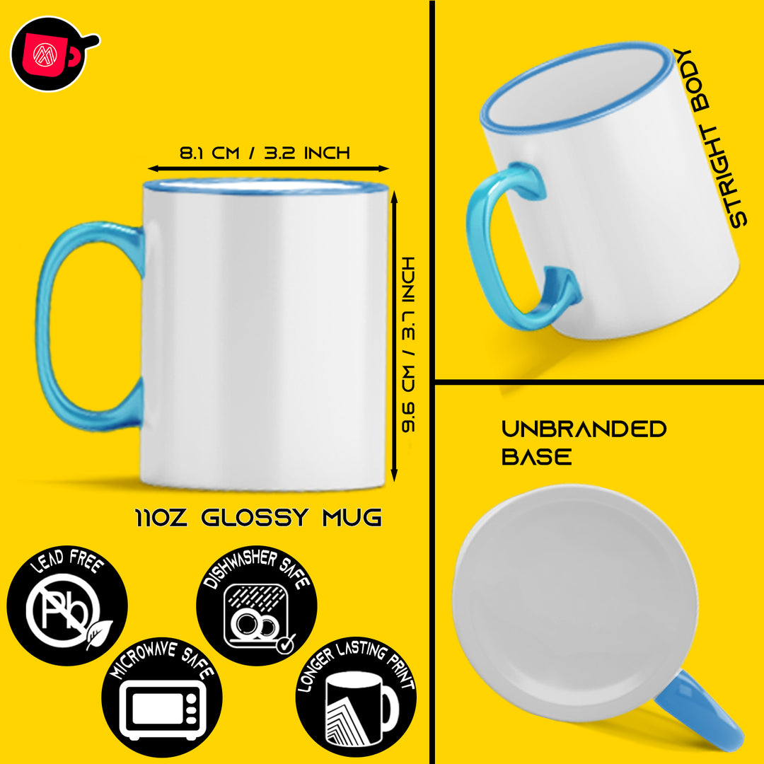 12-Pack of 11oz Light Blue Rim & Handle Sublimation Mugs with Foam Support Mug Shipping Boxes.
