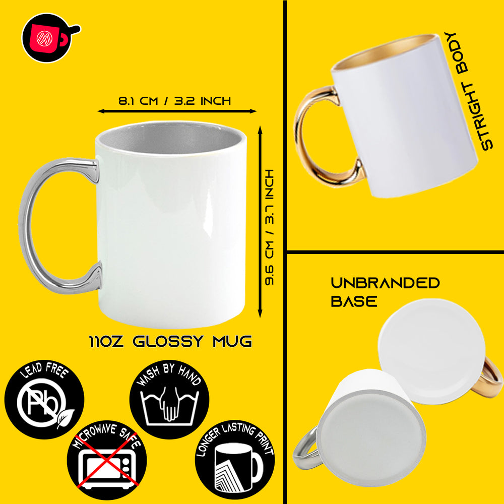 12-Pack of 11 oz. Silver & Gold Inner and Handle Ceramic Sublimation Mugs - Includes Foam Support Mug Shipping Boxes.