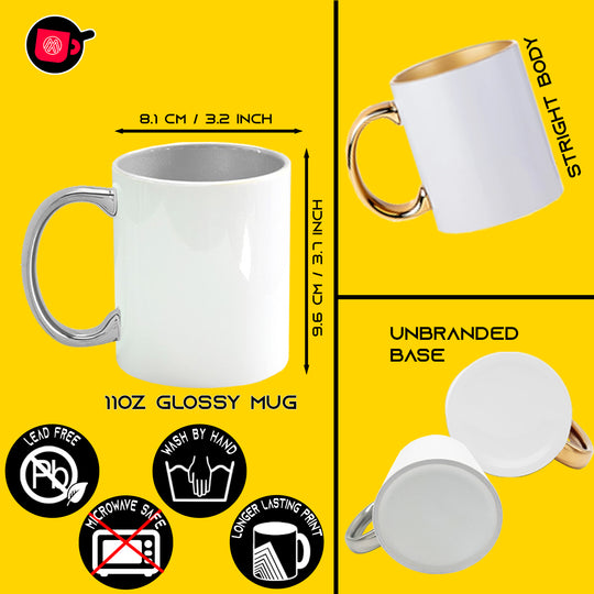 Set of 8 11 oz. Gold & Silver Inner and Handle Ceramic Sublimation Mugs - Includes Mug Shipping Box with Foam Supports.