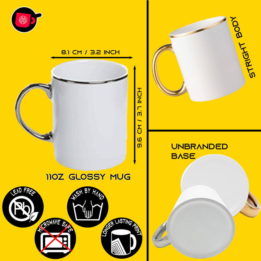 12-Pack of 11oz Mixed Gold & Silver Rim & Handle Sublimation Ceramic Mugs - Includes Mug Shipping Box with Foam Supports.